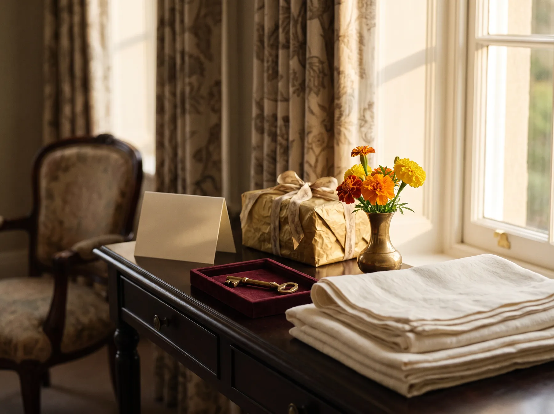 A hotel room key on ivory linen