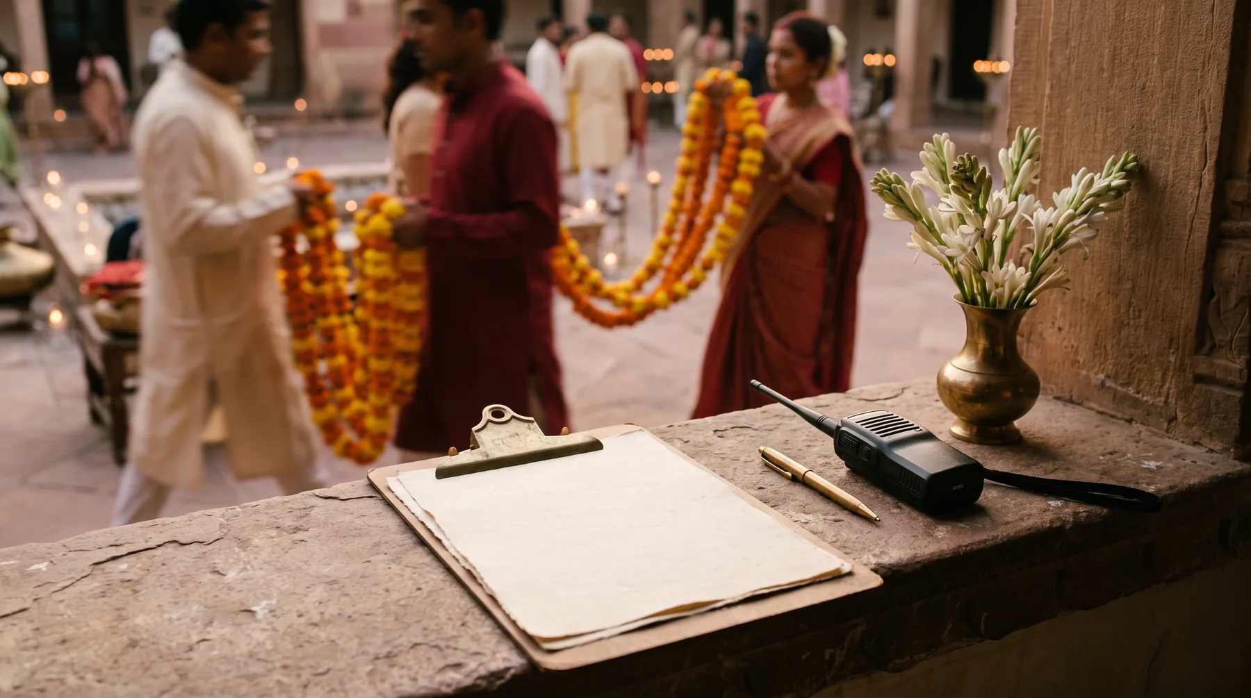 A planner's clipboard and phone, keeping a wedding in sync